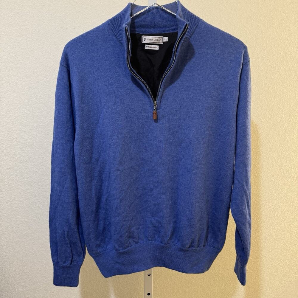Peter Millar Blue Golf 100% Merino Wool 1/4 Zip Pullover Men L (Fits Like M)